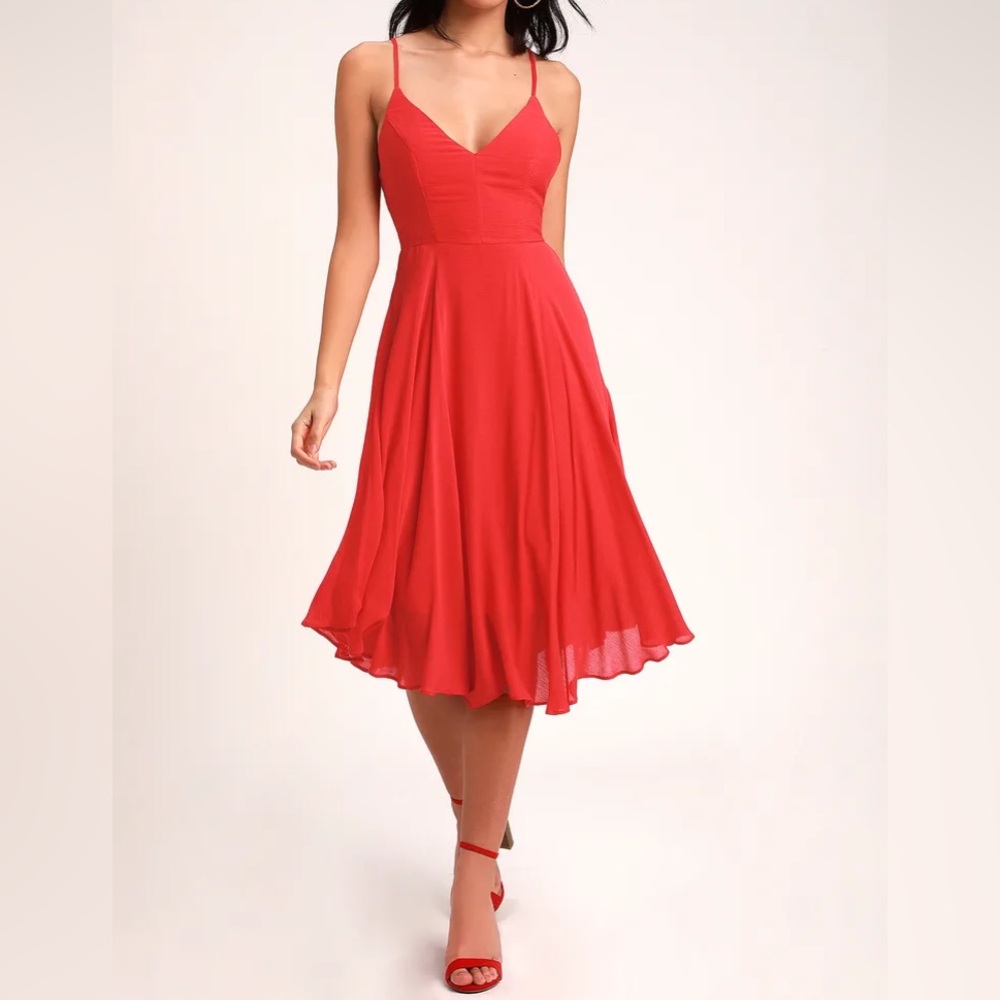 Lulus troulos lace up midi dress flare red
